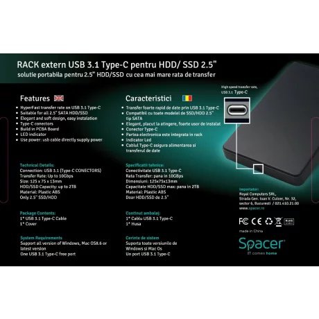 RACK extern SPACER, pt HDD/SSD, 2.5 inch, S-ATA, interfata PC USB 3.1 Type C, plastic, negru, &quot;SPR-TYPE-C-01&quot;