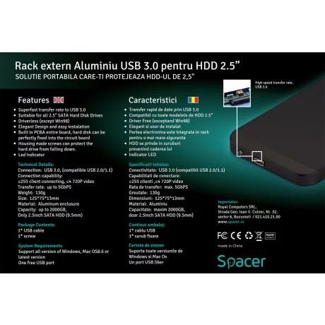 RACK extern SPACER, pt HDD/SSD, 2.5 inch, S-ATA, interfata PC USB 3.0, aluminiu, negru, &quot;SPR-25611&quot;