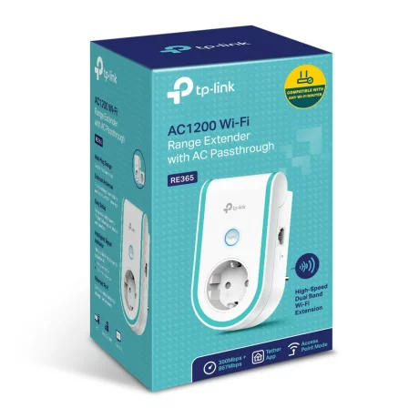 RANGE EXTENDER TP-LINK wireless 1200Mbps, 1 x 10/100 Mbps, 2 antene interne, dual band AC1200, 2.4GHz &amp;amp; 5GHz, + extra priza, &quot;RE365&quot; (include timbru verde 1.5 lei)