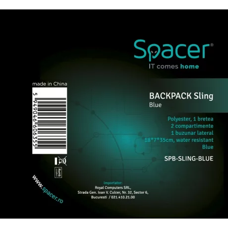 RUCSAC SPACER Sling, nylon,1 bretea, 2 compartimente principale,1 buzunar frontal,1 buzunar lateral, 35x18x7cm, water resistant, blue, &quot;SPB-SLING-BLUE&quot;