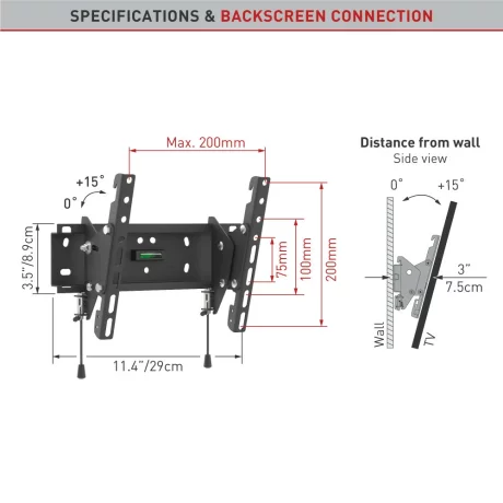 SUPORT de perete BARKAN, pt 1 TV/monitor plat, curbat, diag. max 39 inch, inclinare, max 40 Kg, &quot;21H.B&quot;