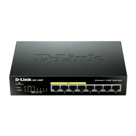 SWITCH D-LINK PoE  8 porturi Gigabit (4 PoE+), IEEE 802.3at/af, carcasa metalica, &quot;DGS-1008P&quot; (include timbru verde 1.5 lei)