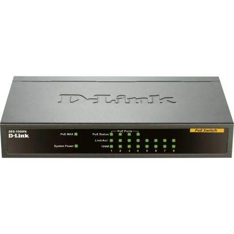 SWITCH PoE D-LINK  8 porturi 10/100Mbps (4 PoE), IEEE 802.3af, carcasa metalica, &quot;DES-1008PA&quot; (include timbru verde 1.5 lei)