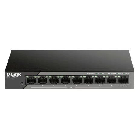 SWITCH PoE D-LINK Unmanaged 8 porturi 10/100Mbps (8 PoE) + 1 x Gigabit Uplink, carcasa metalica, &quot;DSS-100E-9P&quot;(include timbru verde 1.5 lei)