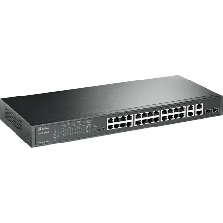 SWITCH PoE TP-LINK L2 cu management 24 porturi 10/100Mbps (24 PoE+) +  4 porturi Gigabit + 2 sloturi Combo SFP, IEEE 802.3at/af, carcasa metalica, rackabil &quot;T1500-28PCT(TL-SL2428P)&quot; (include timbru verde 1.5 lei)