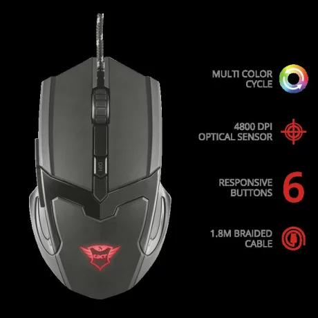 MOUSE TRUST, &quot;GXT 101 Gav&quot; gaming, cu fir, optic, USB, 4800 dpi, 6/1, iluminare, buton selectare viteza, negru, &quot;TR-21044&quot;, (include TV 0.15 lei)