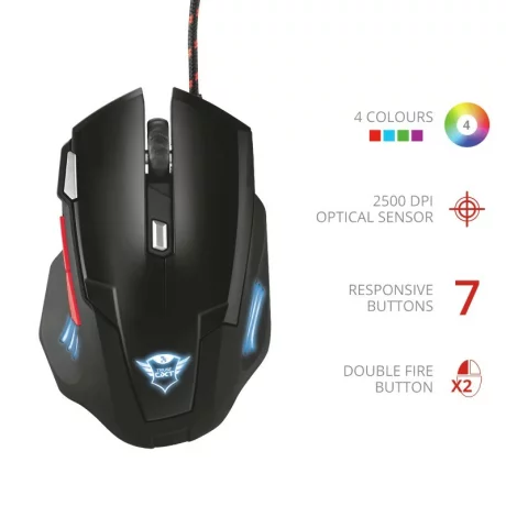 MOUSE TRUST, &quot;GXT 111 Neebo&quot; gaming, cu fir, optic, USB, 2500 dpi, 7/1, iluminare, buton selectare viteza, negru, &quot;TR-21090&quot;, (include TV 0.15 lei)