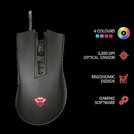 MOUSE TRUST, &quot;GXT 121 Zeebo&quot; gaming, cu fir, optic, USB, 3200 dpi, 7/1, iluminare, buton selectare viteza, negru, &quot;TR-23091&quot;, (include TV 0.15 lei)
