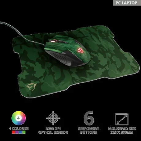 MOUSE TRUST, &quot;GXT 781 Rixa Camo&quot; gaming, cu fir, optic, USB, 3200 dpi, 5/1, iluminare, butoane programabile, pad inclus, negru / verde, &quot;TR-23611&quot;, (include TV 0.15 lei)
