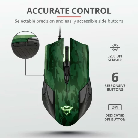 MOUSE TRUST, &quot;GXT 781 Rixa Camo&quot; gaming, cu fir, optic, USB, 3200 dpi, 5/1, iluminare, butoane programabile, pad inclus, negru / verde, &quot;TR-23611&quot;, (include TV 0.15 lei)