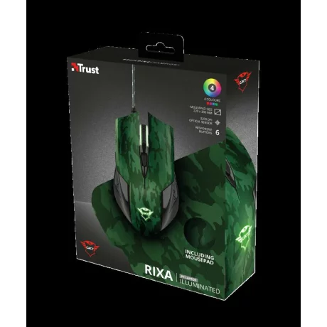 MOUSE TRUST, &quot;GXT 781 Rixa Camo&quot; gaming, cu fir, optic, USB, 3200 dpi, 5/1, iluminare, butoane programabile, pad inclus, negru / verde, &quot;TR-23611&quot;, (include TV 0.15 lei)