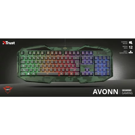TASTATURA TRUST - gaming, &quot;GXT 830-RW-C Avonn&quot;, cu fir, 104 taste, format standard , USB, verde camuflaj, &quot;TR-23136&quot; (include TV 0.75 lei)