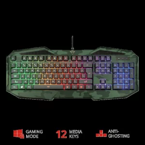 TASTATURA TRUST - gaming, &quot;GXT 830-RW-C Avonn&quot;, cu fir, 104 taste, format standard , USB, verde camuflaj, &quot;TR-23136&quot; (include TV 0.75 lei)