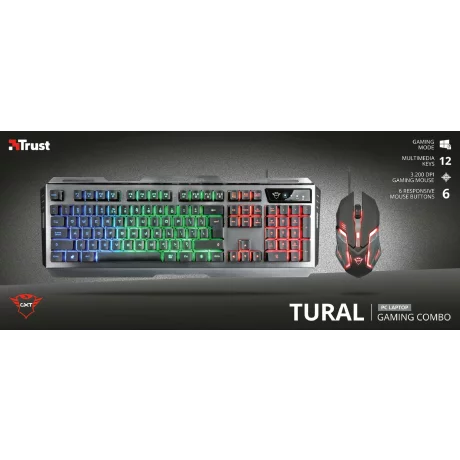 Kit TASTATURA si Mouse TRUST - gaming, &quot;GXT 845 Tural&quot;, cu fir, 104 taste, format standard, switch , USB, negru, &quot;TR-22457&quot; (include TV 0.75 lei)