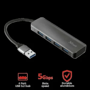 HUB extern TRUST, porturi USB USB 3.2 x 4, conectare prin USB 3.2, cablu 1 m, argintiu, &quot;TR-23327&quot;
