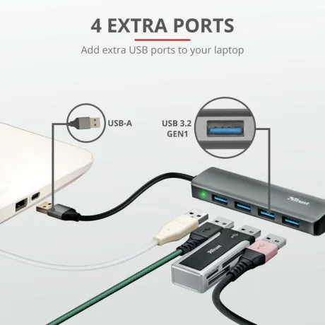 HUB extern TRUST, porturi USB USB 3.2 x 4, conectare prin USB 3.2, cablu 1 m, argintiu, &quot;TR-23327&quot;