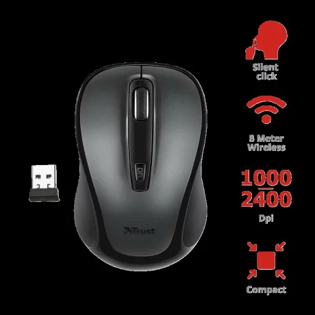 MOUSE TRUST, &quot;Sketch Silent Click&quot; notebook, PC, wireless, optic, USB, 2400 dpi, 4/1, buton selectare viteza, butoane silentioase, negru, &quot;TR-23266&quot;, (include TV 0.15 lei)