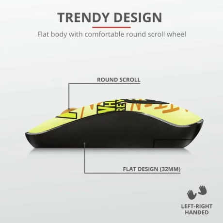 MOUSE TRUST, &quot;Sketch Silent Click&quot; notebook, PC, wireless, optic, USB, 1600 dpi, 3/1, butoane silentioase, galben / print, &quot;TR-23337&quot;, (include TV 0.15 lei)