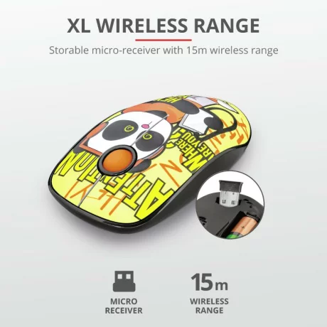 MOUSE TRUST, &quot;Sketch Silent Click&quot; notebook, PC, wireless, optic, USB, 1600 dpi, 3/1, butoane silentioase, galben / print, &quot;TR-23337&quot;, (include TV 0.15 lei)