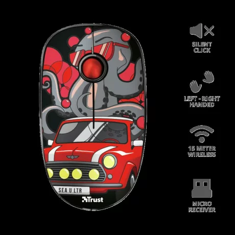 MOUSE TRUST, &quot;Sketch Silent Click&quot; notebook, PC, wireless, optic, USB, 1600 dpi, 3/1, butoane silentioase, rosu / print, &quot;TR-23336&quot;, (include TV 0.15 lei)