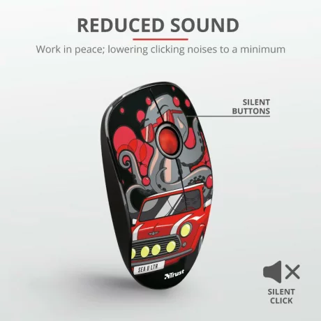 MOUSE TRUST, &quot;Sketch Silent Click&quot; notebook, PC, wireless, optic, USB, 1600 dpi, 3/1, butoane silentioase, rosu / print, &quot;TR-23336&quot;, (include TV 0.15 lei)