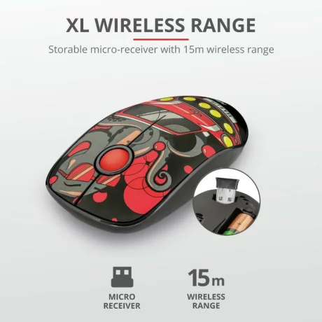 MOUSE TRUST, &quot;Sketch Silent Click&quot; notebook, PC, wireless, optic, USB, 1600 dpi, 3/1, butoane silentioase, rosu / print, &quot;TR-23336&quot;, (include TV 0.15 lei)
