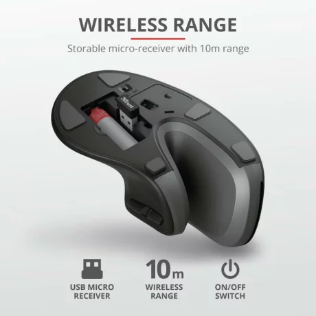 MOUSE TRUST, &quot;Verro Ergonomic&quot; notebook, PC, wireless, optic, USB, 1600 dpi, 6/1, buton selectare viteza, negru, &quot;TR-23507&quot;, (include TV 0.15 lei)