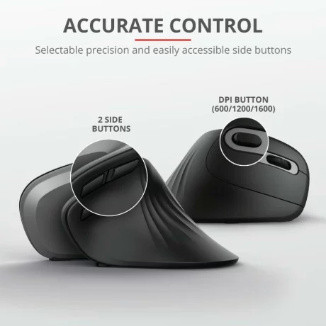 MOUSE TRUST, &quot;Verro Ergonomic&quot; notebook, PC, wireless, optic, USB, 1600 dpi, 6/1, buton selectare viteza, negru, &quot;TR-23507&quot;, (include TV 0.15 lei)