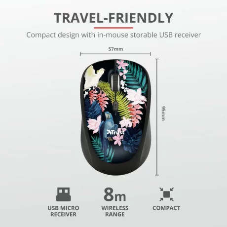 MOUSE TRUST, &quot;Yvi&quot; notebook, PC, wireless, optic, USB, 1600 dpi, 4/1, buton selectare viteza, negru / print, &quot;TR-23387&quot;, (include TV 0.15 lei)