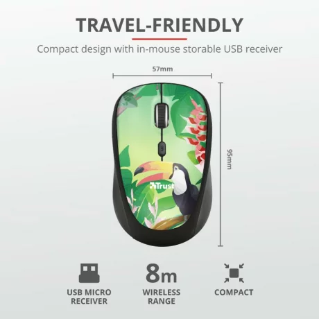 MOUSE TRUST, &quot;Yvi&quot; notebook, PC, wireless, optic, USB, 1600 dpi, 4/1, buton selectare viteza, negru / print, &quot;TR-23389&quot;, (include TV 0.15 lei)