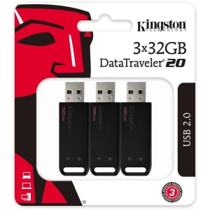 MEMORIE USB 2.0 KINGSTON 32 GB, clasica, carcasa plastic, negru, &quot;DT20/32GB-3P&quot;